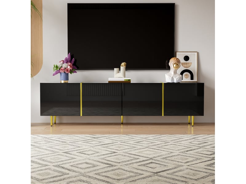 Meuble tv noir brillant et doré 170 x 35 x 46 cm, 4 portes à fermeture douce - Conforama B