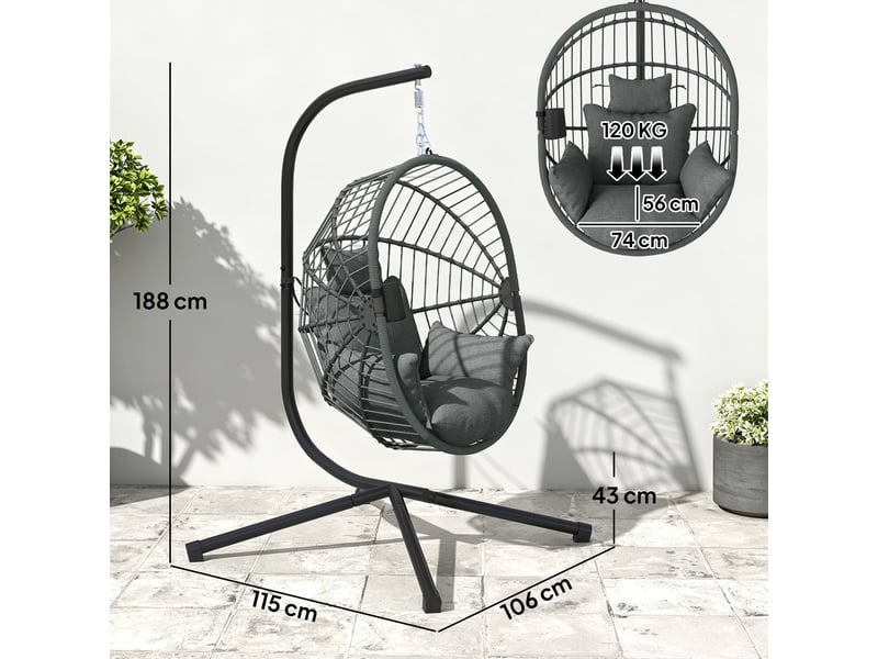  Fauteuil œuf suspendu, chaise hamac balançoire cmpanier pliable, coussin rembourré, gris  - Conforama E