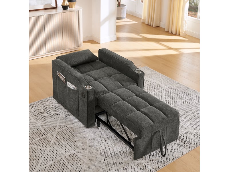  Fauteuil convertible 1 place gris foncé en tissu, couchage 190 cm, usb-c et dossier réglable 3 positions  - Conforama E