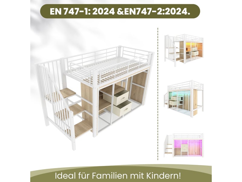  Lit mezzanine 90 x 200 cm 2 tiroirs dressing ouvert éclairage led multicolore plusieurs compartiments de rangement blanc  - Conforama E