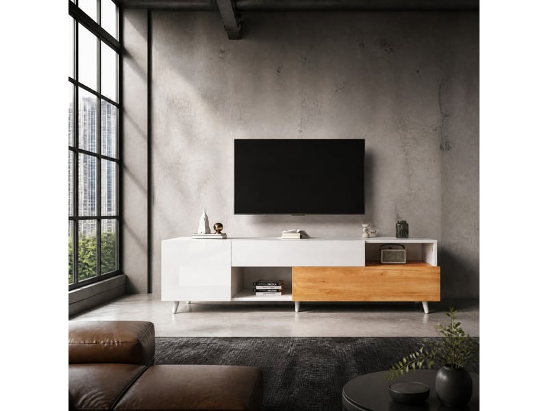  Meuble tv 180x38x50 cm façade brillante panneau de particules blanc et bois naturel  - Conforama B