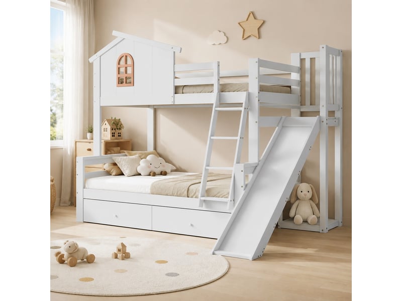  Lit superposé enfant 90x200 cm – blanc – toboggan, échelle inclinée et 2 tiroirs intégrés - sans matelas  - Conforama B