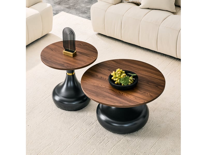  Lot de 2 tables basses rondes 70x42+50x51 cm, appoint canapé, design empilable, pour le salon, métal, noyer et noir  - Conforama B