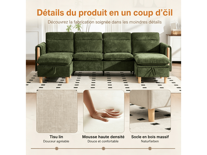  Canapé d'angle 3 places, avec 2 pouf de rangement, 261x77x86cm, vert  - Conforama D