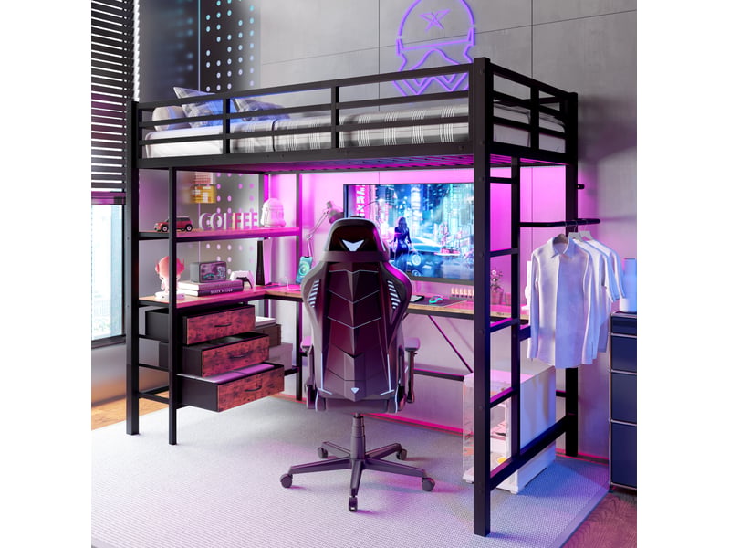  Lit mezzanine 90x200 cm, led ambiant, bureau avec prise et usb, 3 tiroirs, rangement, métal mdf, noir, sans matelas  - Conforama D
