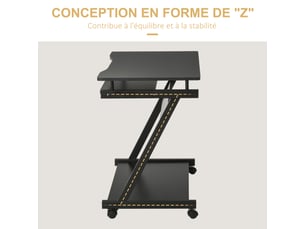 Bureau informatique roulant - bureau mobile - table d'ordinateur - noir - tablette coulissante clavier + étagère