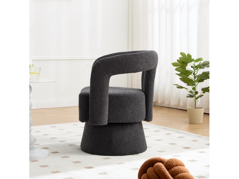  Fauteuil pivotant 360° 67x55x74 cm rembourrage épais confort accoudoirs enveloppant base métal bouclé gris foncé  - Conforama D