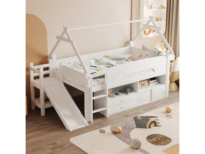  Lit enfant 90x200 cm forme toit toboggan tiroirs barrière sécurité espace jeu rangement bois massif blanc  - Conforama D