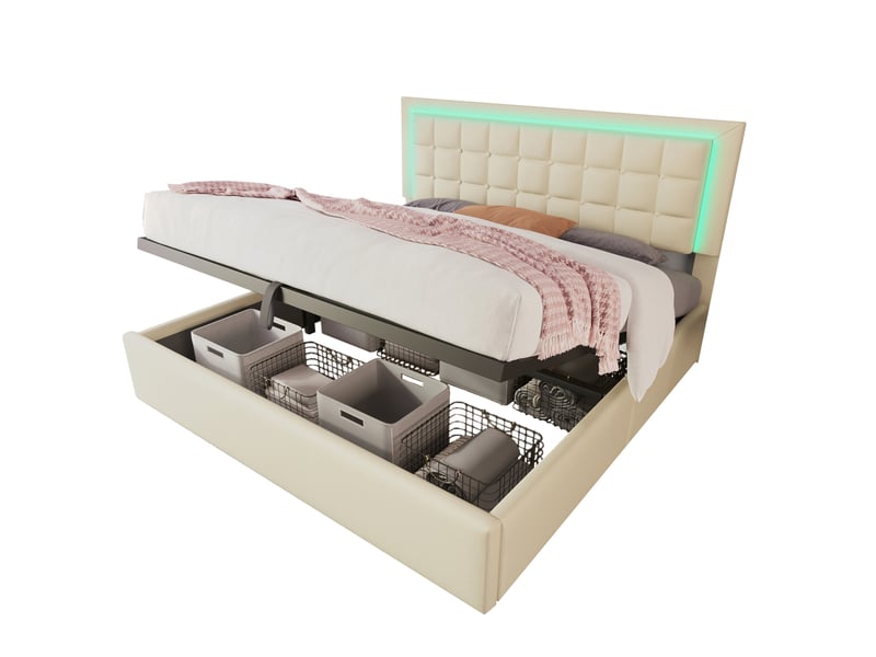  Lit coffre 180 x 200 cm blanc en pu avec sommier à lattes et éclairage led  - Conforama A