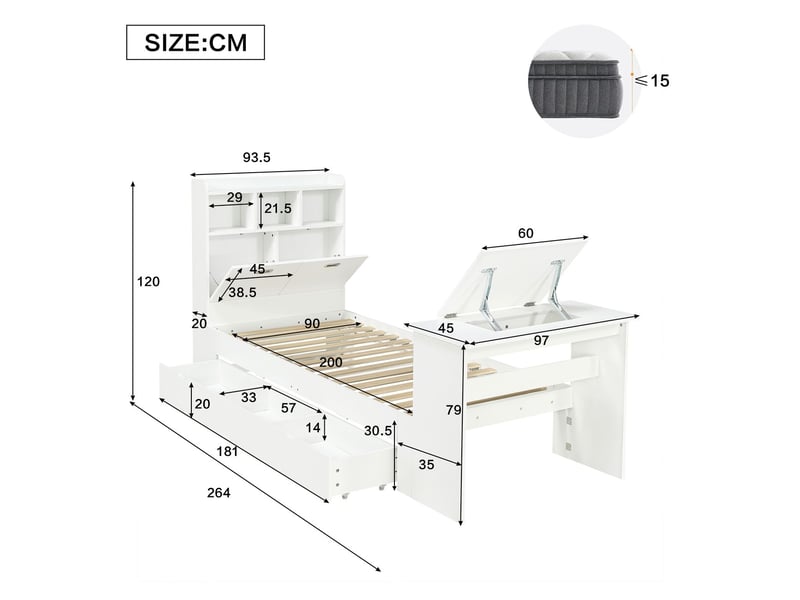  Lit ado 90 x 200 cm rangement intégré étagère en tête de lit tiroir coulissant table rabattable réglable montage flexible du tiroir aspect bois blanc  - Conforama C