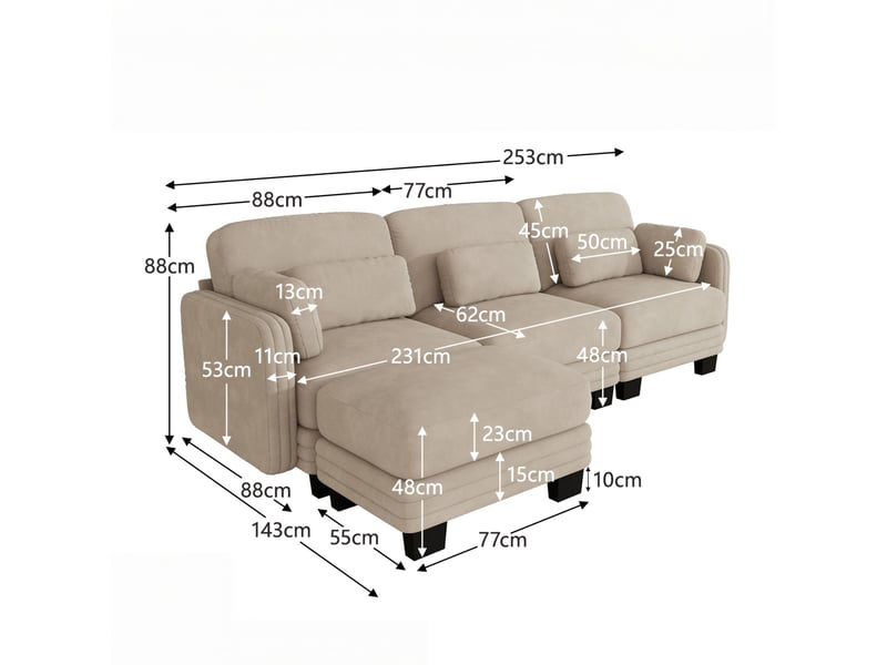 Canapé d’angle en l 3 places, configuration modulaire, tissu chenille doux, coussins de soutien lombaire et d’accoudoir fournis, 253 × 143 × 88 cm, marron clair - Conforama C