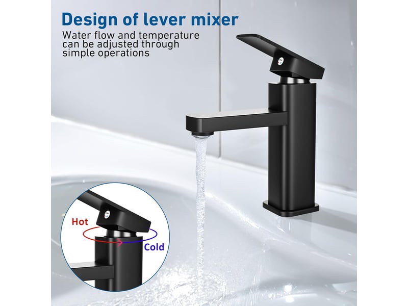  Robinet de salle de bain - noir - mitigeur de lavabo chaud et froid - mitigeur monocommande évier de salle de bain - acier inoxydable et laiton  - Conforama E