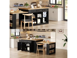 Îlot de cuisine avec table escamotable et rangements, noir, plan de travail en bois, 150 cm, tiroirs et étagères réglables