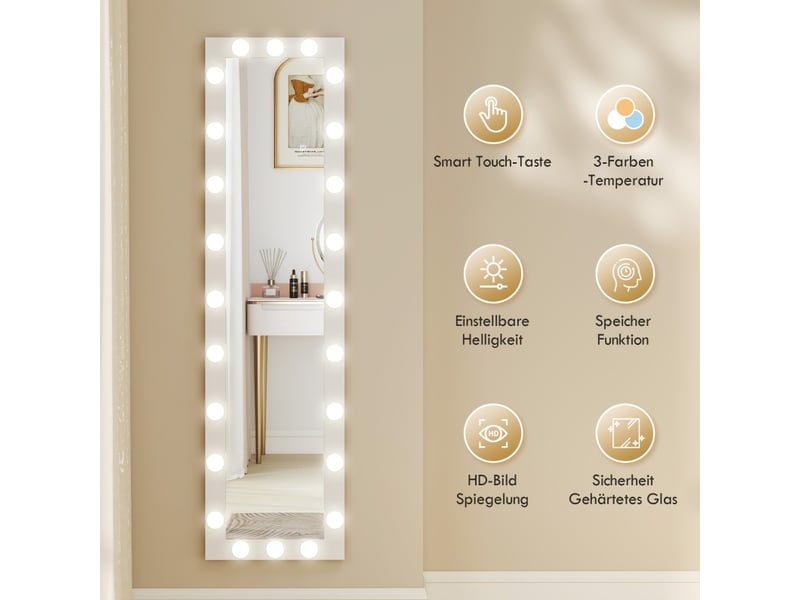  Miroir simple avec 24 ampoules, éclairage réglable à 3 teintes et mémoire en verre trempé blanc 150 × 40 cm  - Conforama E