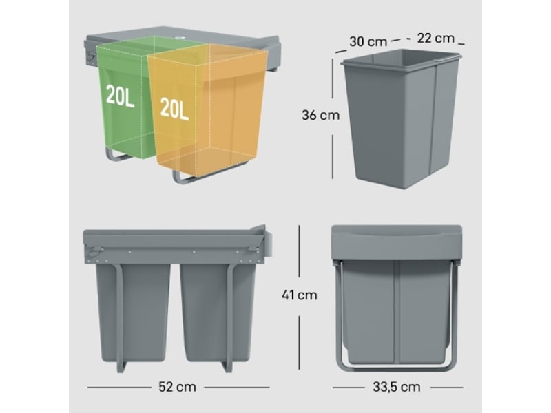 Poubelle coulissante 2x20 l, bacs amovibles, plastique et métal, grise - Conforama C