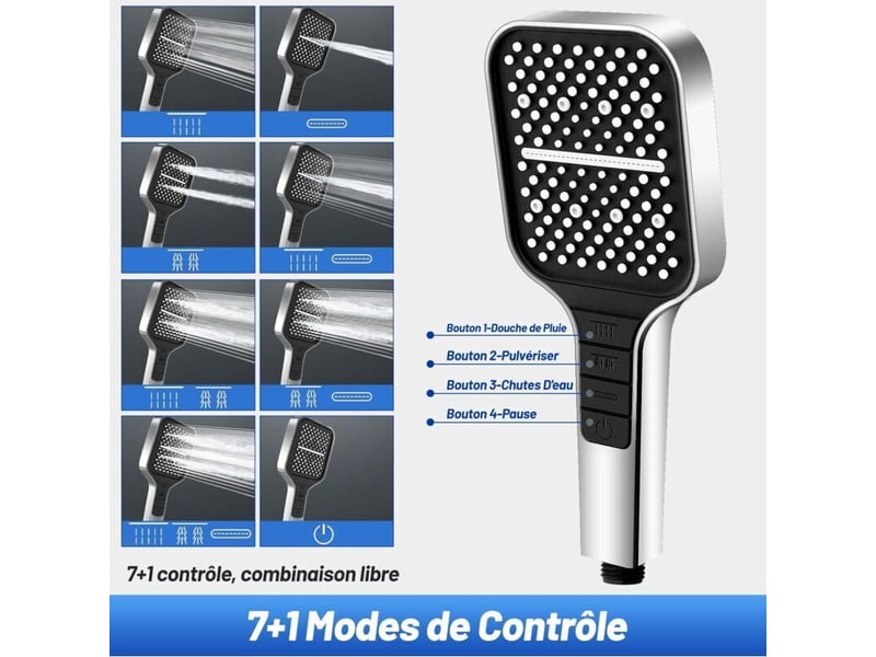  Pommeau de douche economie deau, pommeau de douche haute pression 7 modes avec bouton d'arrêt, grand douchette douche(argent)  - Conforama B