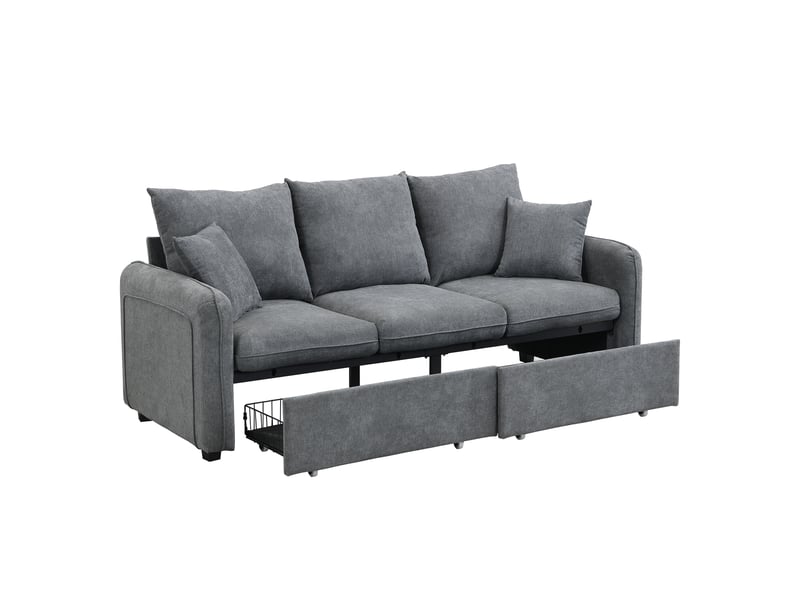  Canapé d’angle en u 3 places modulable et convertible en lit une personne, tissu chenille gris foncé, 2 poufs et rangements  - Conforama A