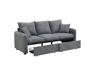 Canapé d’angle en u 3 places modulable et convertible en lit une personne, tissu chenille gris foncé, 2 poufs et rangements