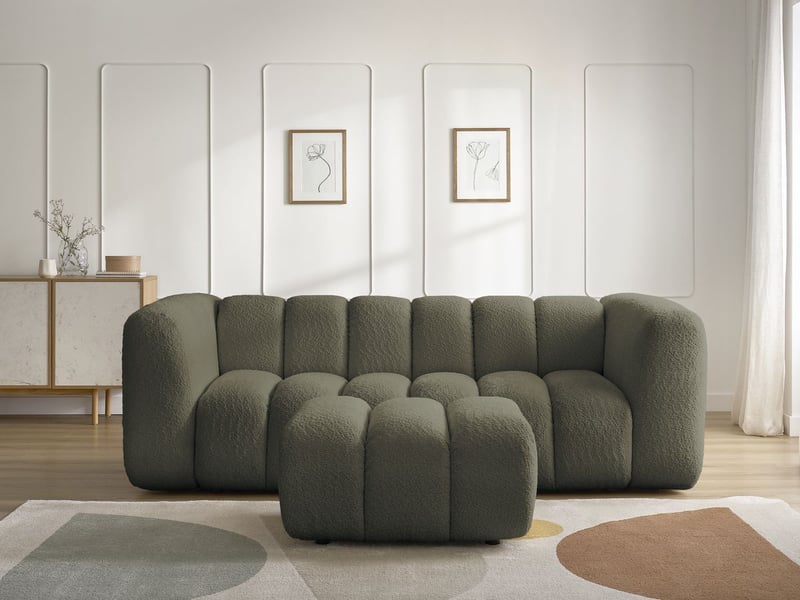  Bobochic canapé droit fixe 3 places talia tissu bouclette avec pouf vert TALIA - Conforama D