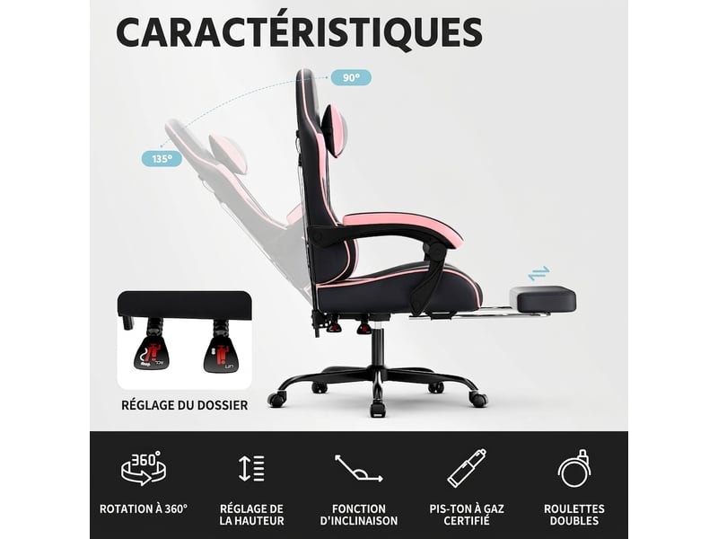  Chaise gamer ergonomique en cuir pu respirant, charge maximale 200 kg, fauteuil gamer noir et rose  - Conforama C