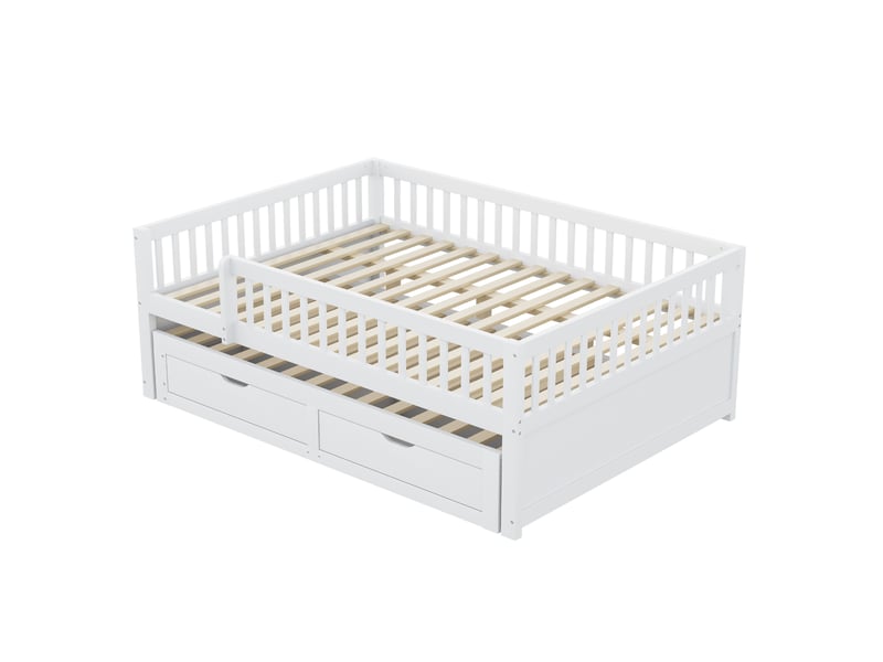  Canapé-lit 140x200 cm bois massif blanc – barrières, 2 tiroirs et sommier inclus  - Conforama A