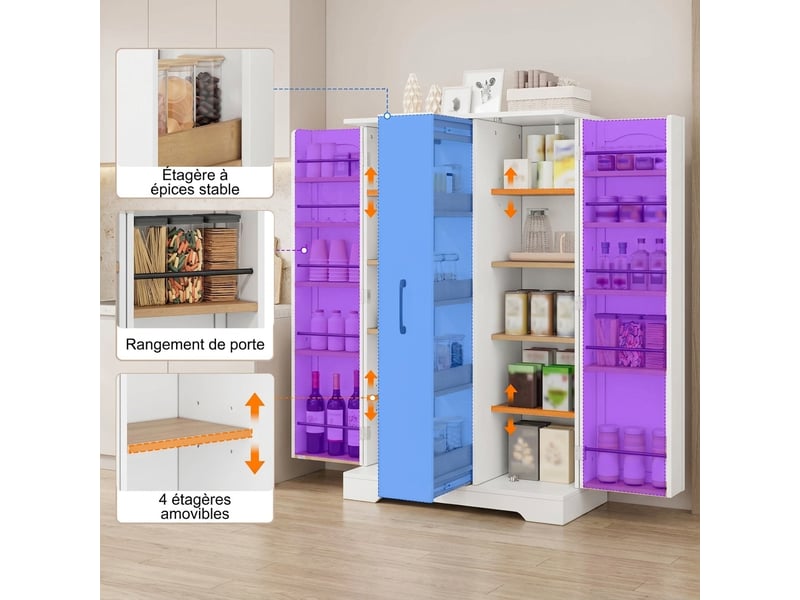  Buffet de cuisine blanc 120x78x35 cm avec tiroir vertical 4 niveaux et étagères réglables  - Conforama D