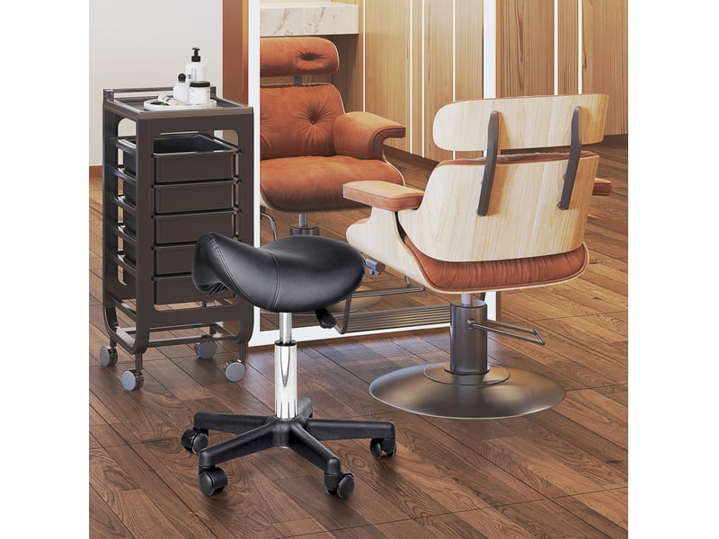  Tabouret pivotant 35x38x43-55 cm réglable en hauteur, roulettes, assise ergonomique en forme de selle, similicuir noir  - Conforama B