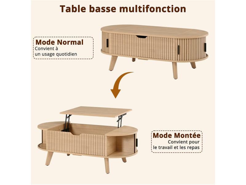 Table basse relevable 110x50 cm, rangement caché astucieux, 2 portes coulissantes latérales, mdf, bois naturel Morn Vibe - Conforama E