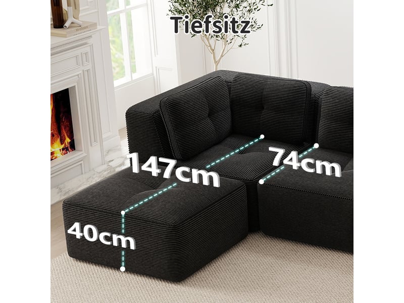  Canapé d’angle modulable 2 places velours côtelé noir – 208 x 177 x 69 cm Fay Lum - Conforama D
