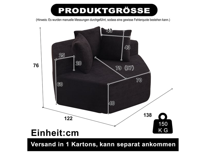  Fauteuil simple - 122x138x76cm - modulable en chenille bouclée avec 3 coussins &amp; ressorts ensachés - noir  - Conforama D