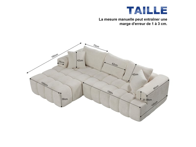 Canapé-lit d'angle ulevr modulable en velours blanc, 249,94 cm, avec méridienne gauche et coussins - Conforama C
