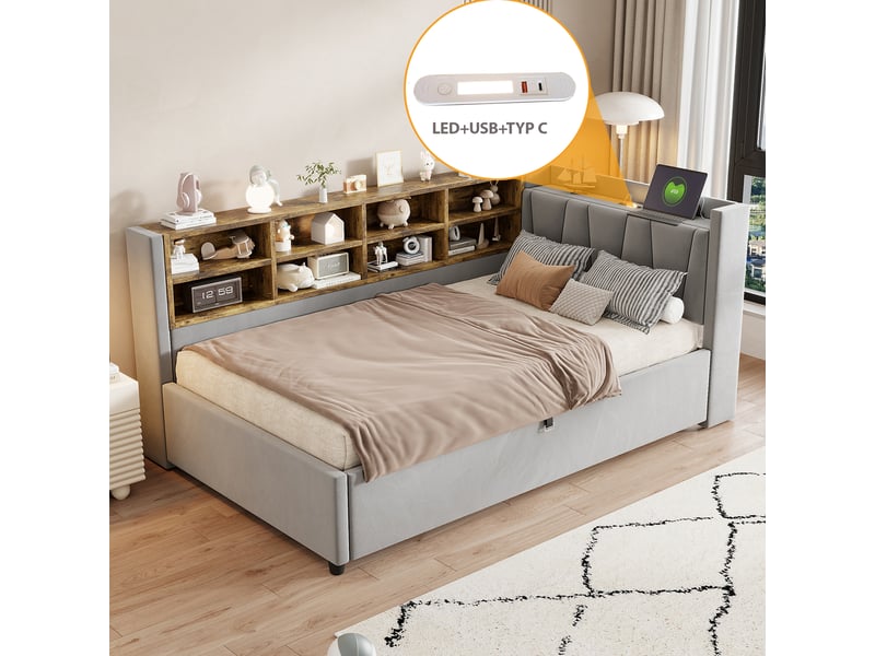  Lit coffre enfant 90x200 cm, led, usb type-c, étagères, rangement, sommier, velours gris clair, sans matelas  - Conforama W