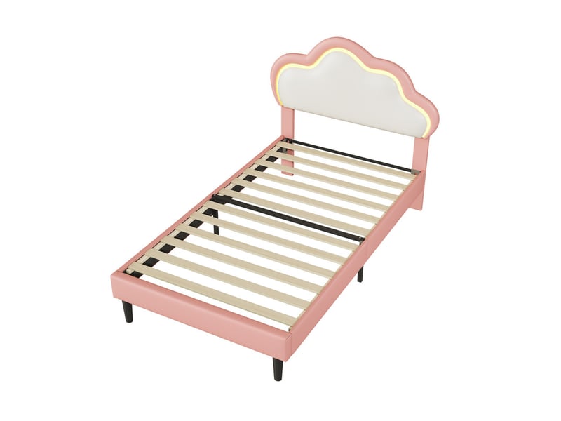  Lit simple 90 x 200 cm, lit enfant avec led, nuage en simili cuir, rose et blanc  - Conforama E