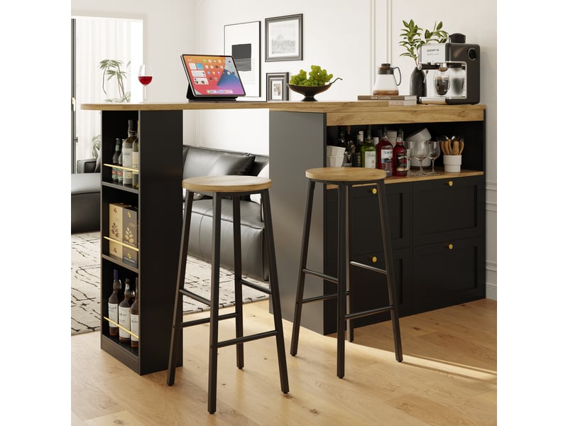  Ensemble table et chaises de bar avec 1 îlot de cuisine et 2 tabourets  - rangement - mdf et métal - noir  - Conforama B