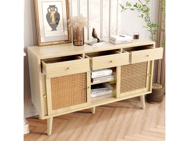  Buffet en rotin, avec 3 tiroirs et 3 portes coulissantes, pied bois massif, poignée métal,étagères réglables, 120x40x78cm, chêne  - Conforama D