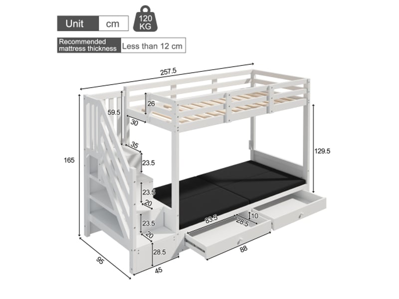  Lit superposé enfant, 90×200 cm, multifonction, escalier avec rangement + 2 tiroirs, niveau inférieur convertible en lit ou canapé avec coussins, blanc, sans matelas  - Conforama C
