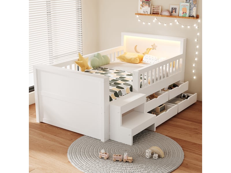  Lit enfant 90 × 200 cm 1 place avec 4 tiroirs, marches, barrières et led, sans matelas, en bois, blanc  - Conforama B