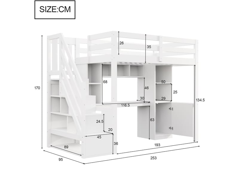 Lit mezzanine 90 × 200 cm avec escalier, rangement, bureau, étagères, led et prises, sans matelas, blanc  - Conforama E