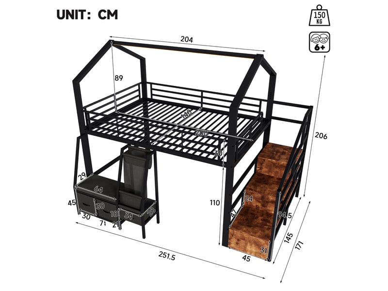  Lit mezzanine étagères 140x200 cm en métal avec en tissu, tiroirs, escalier avec rangement et bande led - noir Morn Vibe - Conforama C