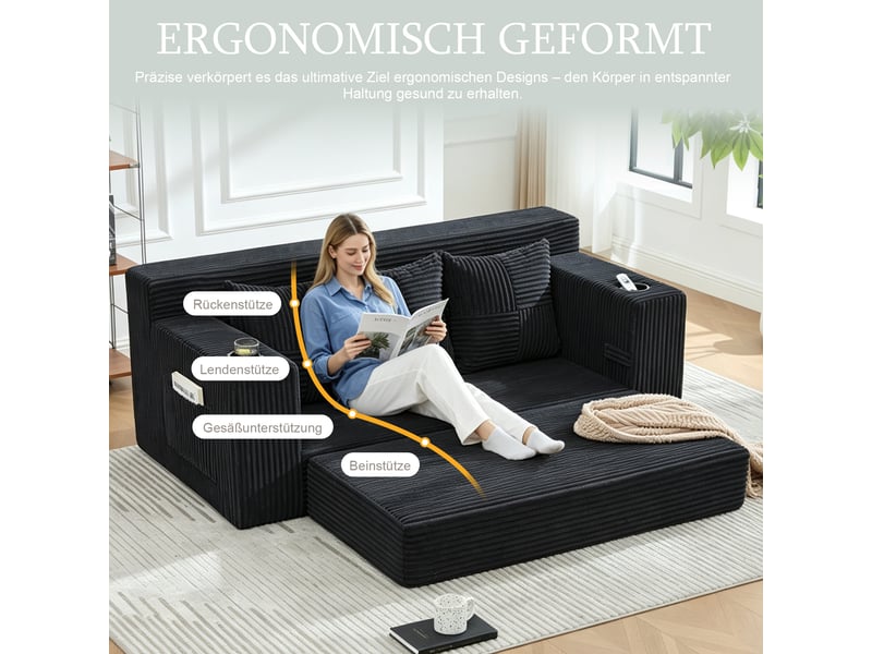 Canapé 3 places en velours côtelé, sans montage, design modulaire, porte-gobelets, rangements latéraux, 172×87×64 cm - Conforama E