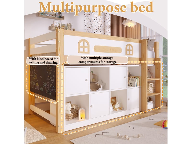  Lit mezzanine 90 × 200 cm 1 place avec tableau noir, rangements et échelle, sans matelas, en bois blanc et naturel  - Conforama E