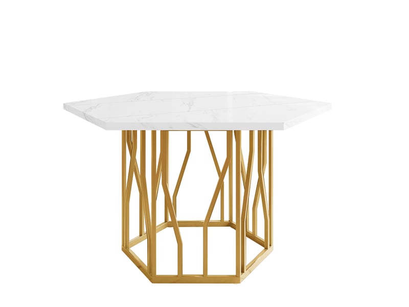  Ensemble repas 5 pièces avec 4 chaises en velours vert, table hexagonale effet marbre blanc et piètement doré, 115,5 x 100 cm  - Conforama D