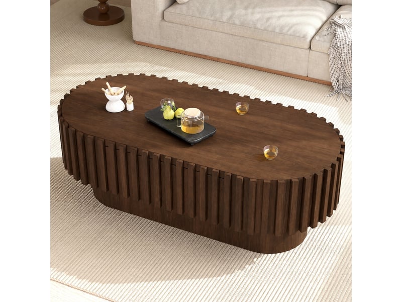  Table basse ovale avec tiroir, lattes verticales et effet bois noyer, 100 x 50 x 35,5 cm  - Conforama C