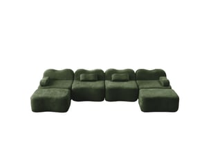 Canapé modulable 4 places panoramique en velours vert avec rangement intégré et coussins mobiles pour salon moderne