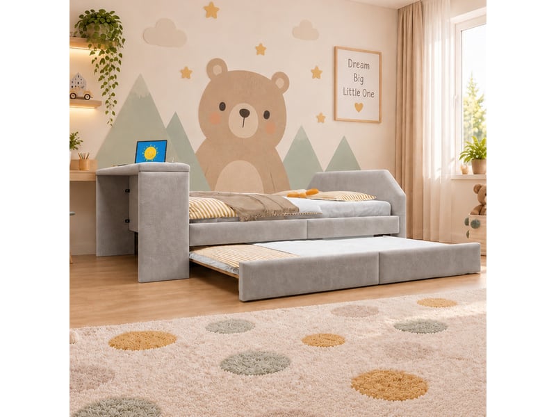 Lit pour enfant rembourré 140x200 cm – avec port de charge usb – avec lit gigogne – velours – gris (matelas non inclus) - Conforama E