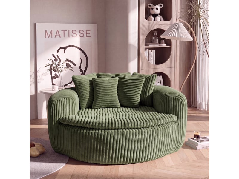 Canapé pouf lounge 1 place, assise profonde rembourrée, accoudoirs enveloppants, 5 coussins, velours côtelé vert, 145 x 133 x 59 cm - Conforama C