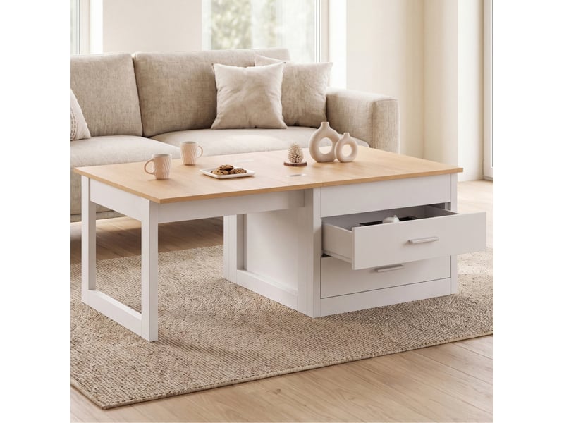 Table basse extensible et relevable en table à manger amaya 120 cm 2 modules avec 2 tiroirs blanc et bois - Conforama B