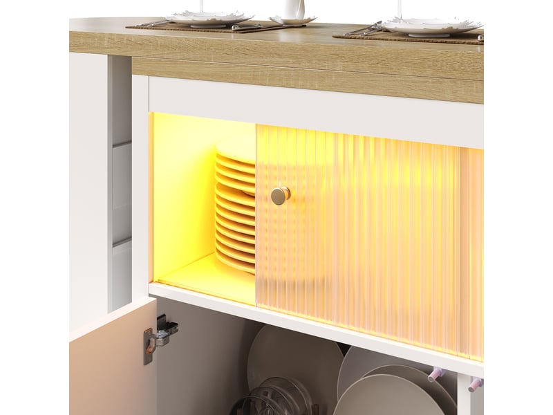  Table de bar extensible 135-205x39x100 cm, avec rangement, led, roulettes freinées et porte vitrée coulissante, mdf - blanc  - Conforama E