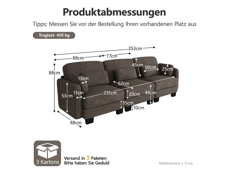 Canapé droit configuration libre coussins lombaires et d’accoudoirs inclus assise confortable soutien élevé structure à cadre coloris marron  - Conforama C