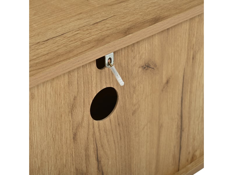  Meuble tv 180 cm en mdf, 2 portes ajourées, 2 tiroirs, pour écran 55 à 75 pouces, bois naturel  - Conforama E